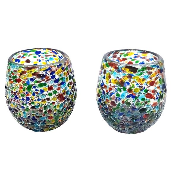 2 Fused Recycled Art Glass Rainbow Confetti Votive Tealight or Candle Holders - Picture 4 of 8